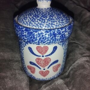 Blue and Red Heart Patterned Ceramic Jar
